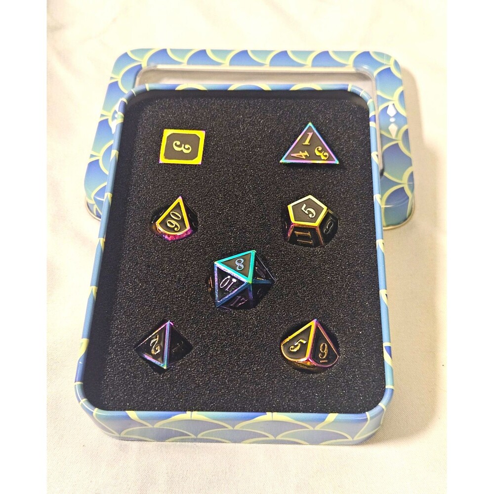 7-Piece Polyhedral RPG DND Dice Set D4-D20 Iridescent w/ Metal Tin